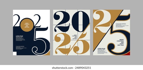 2025 colorful set of Happy New Year posters. Abstract design typography logo 2025 for vector celebration and season decoration, backgrounds, branding, banner, cover, card and or social media template.