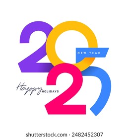 2025 colorful text. New year logo 2025 minimalist. Colored numbers Happy new year. Design template for New Year celebration. 2025 calendar happy Holidays. Template for social media post, cover, card.