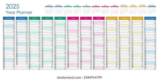 2025 colorful year planner. Vector design.