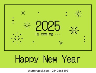 2025 está chegando. Feliz ano novo cartão de saudações nostalgia. Texto em pixels e flocos de neve. Elementos simples de 8 bits. Exibição eletrônica abstrata. Ilustração vetorial. Cartaz cibernético de Natal.