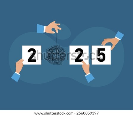 2025 Concept: Hands Holding Numbers with Chaos Symbolizing Challenges 2d flat vector illustrations