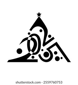 2025 concept. Logo. Christmas tree is drawn in the form of a triangle of the numbers of the year 2025, stars on top and New Year's balls. Stock vector illustration in black 