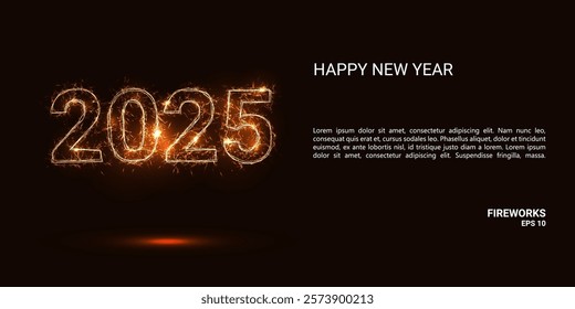 2025 consists of sparks and fire. Festive bright fireworks. Decorative element for celebrations and holidays. Vector illustration.