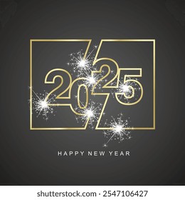 2025 continuous golden line shape typography energy logo emblem design concept with sparkle firework on black background