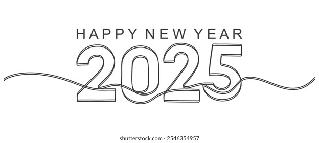 2025 continuous line art banner. Happy New Year lettering calligraphy element design