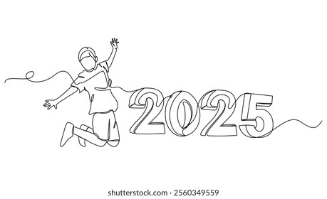 2025 Continuous line Happy New year line drawing of kid jump for vector illustration, happy, new year,boy