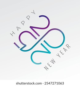 2025 Cut Numerals Logo with Zero and Five Making Mobius Loop Impossible Figure and Happy New Year Greetings Lettering - Multicolor on White Background - Vector Mixed Graphic Design