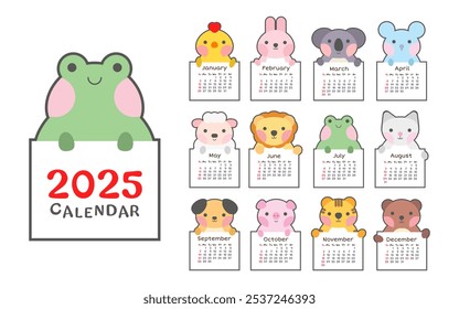 2025 cute animal calendar template. Monthly planner for kids. 