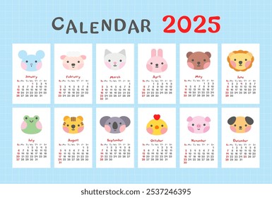 2025 cute animal calendar template. Monthly planner for kids. 