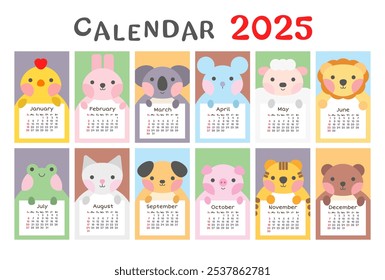 2025 cute animal calendar template. Monthly planner for kids. 