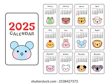 2025 cute animal calendar template. Monthly planner for kids. 