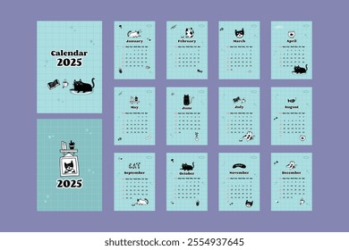 2025. Cute cats illustration calendar. Vector hand-drawn doodle illustrations, cat graphic elements and objects, ornament for journaling, stickers, and scrapbooking.