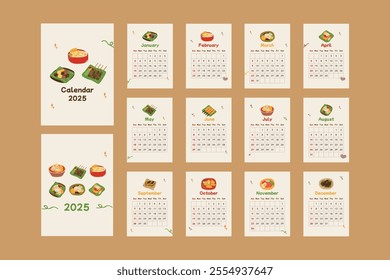 2025. Cute Indonesian food illustration calendar. Vector hand-drawn doodle illustrations, traditional graphic elements and objects, frame, ornament for journaling, stickers, and scrapbooking.