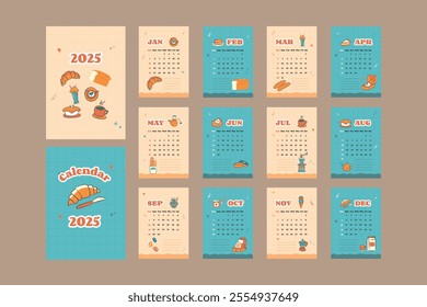 2025. Cute retro illustration calendar. Vector hand-drawn doodle illustrations, cafe graphic elements and objects, ornament for journaling, stickers, and scrapbooking.