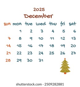 2025 december calendar with decorated Christmas tree. Colorful modern calendar, monthly planner. Vector hand drawn illustration. Modern simple design. Winter month, holiday season