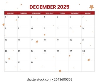 2025 December calendar start on monday, red and gold