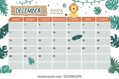 2025 December calendar week start on Sunday with safari style for horizonral printable design