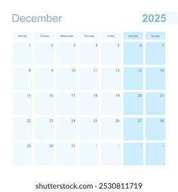 2025 Planificador de pared de diciembre en color pastel azul, la semana comienza el lunes. Calendario para Diciembre 2025 con cuadrado azul y con día del mes anterior y siguiente.