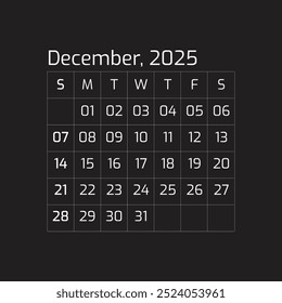 2025 dezembro Ano todos os meses calendário Página única parede corporativa 2025 cor preta mix, modelo de calendário de 12 meses, dezembro