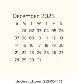 2025 dezembro Ano todos os meses calendário Página única parede corporativa 2025 12 meses calendário modelo, dezembro.