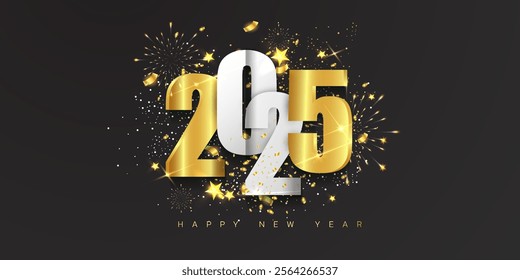 2025 decoration background design template. 3D realistic Happy New Year 2025 design with a golden light effect, ribbon, and star on a black background. Merry Christmas and New Year design vector. 