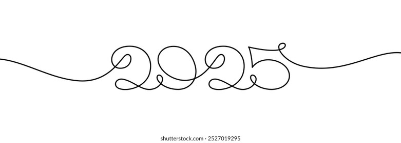 2025 letra decorativa manuscrita. Texto de desenho de linha contínua para cartão de saudação de Ano Novo, banner, design de calendário. Ilustração vetorial