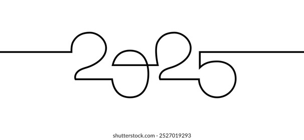 2025 decorative thin line lettering. Continuous line drawing text for New Year greeting card, banner, calendar design. Vector illustration