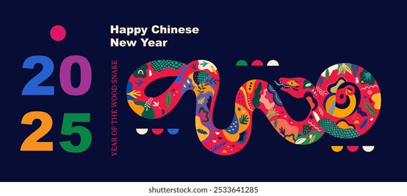 2025 design. Happy New Year 2025. Holiday card with symbol of 2025 year the Wood Snake. Happy Chinese New Year.
