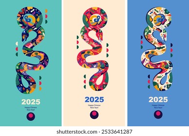 2025 design. Happy New Year 2025. Holiday card with symbol of 2025 year the Wood Snake. Happy Chinese New Year. Design for brochure, flyers, banners