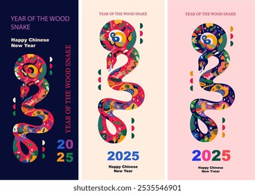 Diseño de 2025. Feliz año Nuevo 2025. Tarjeta Festiva con el símbolo del año 2025 de la serpiente de madera. Feliz año Nuevo chino. Diseño para folletos, volantes, Anuncios