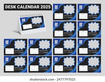 Diseño de calendario de escritorio 2025. Conjunto de 12 meses. Calendario mensual del escritorio 2025. 2025 planificador del calendario establecido para la semana de diseño corporativo de la Plantilla comienza el lunes.