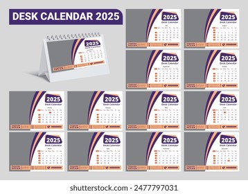 2025 desk calendar design. Set of 12 months. Monthly Desk Calendar 2025. 2025 calendar planner set for template corporate design week start on Monday.