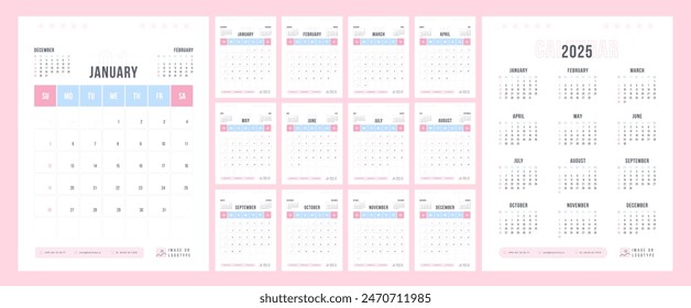 Calendario de Escritorio 2025. Diseño rosa y azul. Planificador mensual minimalista A4 con diseño de Vertical. Perfecto para mujeres en negocios y marca Corporativa.