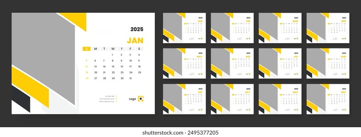 2025 desk calendar template, Template for annual calendar 2025, The week starts on Sunday, Set of 12 months.