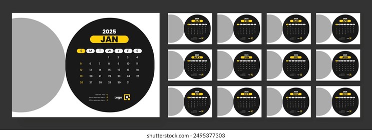 2025 desk calendar template, Template for annual calendar 2025, The week starts on Sunday, Set of 12 months.