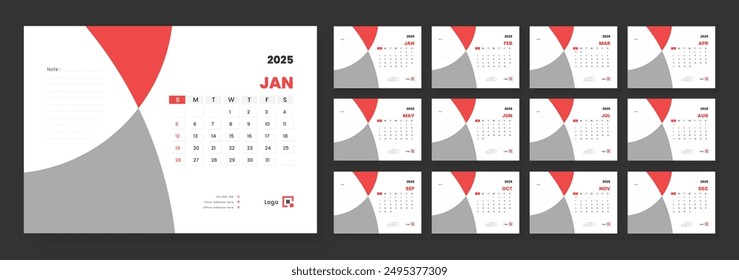 2025 desk calendar template, Template for annual calendar 2025, The week starts on Sunday, Set of 12 months.