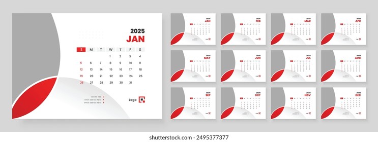 2025 desk calendar template, Template for annual calendar 2025, The week starts on Sunday, Set of 12 months.