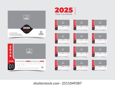 2025 Modelo de calendário de mesa calendário de mesa planejador vetor ilustração.