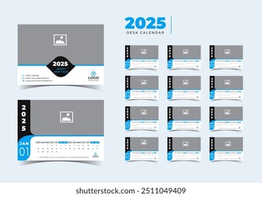 2025 Modelo de calendário de mesa calendário de mesa planejador vetor ilustração.