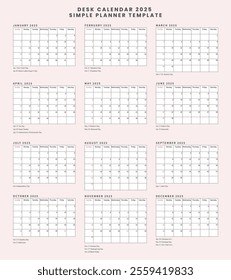 2025 desk calendar template with US holidays, clean layout, modern design, and monthly planner view. vector illustration