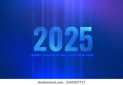 2025 digital christmas invitation card - futuristic tech concept. Greetings new year cards in holographic cyberspace with flow binary code