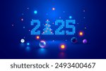 2025 digits, Christmas tree consist glowing pixels in technology style on blue background. New Year card or digital tech calendar poster. Logo of 2025 year hanging over reflection polished surface.