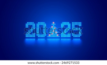2025 digits, Christmas tree consist glowing pixels in technology style on blue background. New Year card or digital tech calendar poster. Logo of 2025 year hanging over reflection polished surface.