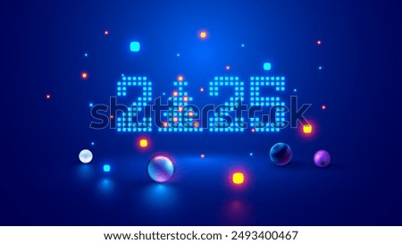 2025 digits, Christmas tree consist glowing pixels in technology style on blue background. New Year card or digital tech calendar poster. Logo of 2025 year hanging over reflection polished surface.