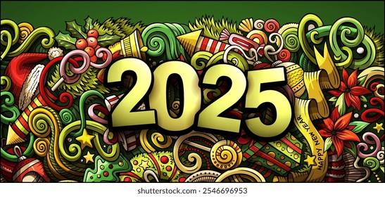 2025 doodles horizontal illustration. New Year objects and elements banner design. Creative cartoon winter holidays background. Colorful vector mural