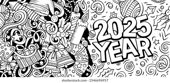 2025 doodles horizontal illustration. New Year objects and elements banner design. Creative cartoon winter holidays background. Colorful vector mural