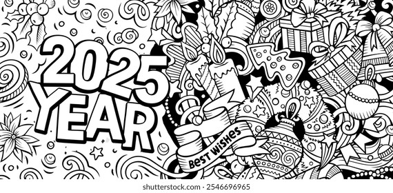 2025 doodles horizontal illustration. New Year objects and elements banner design. Creative cartoon winter holidays background. Colorful vector mural