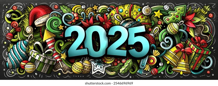 2025 doodles horizontal illustration. New Year objects and elements banner design. Creative cartoon winter holidays background. Colorful vector mural