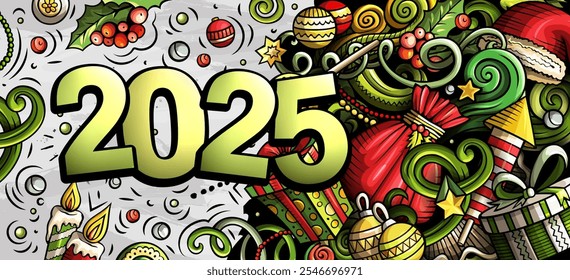 2025 doodles horizontal illustration. New Year objects and elements banner design. Creative cartoon winter holidays background. Colorful vector mural