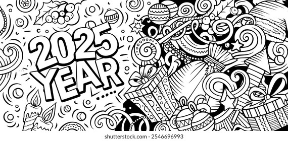 2025 doodles horizontal illustration. New Year objects and elements banner design. Creative cartoon winter holidays background. Colorful vector mural